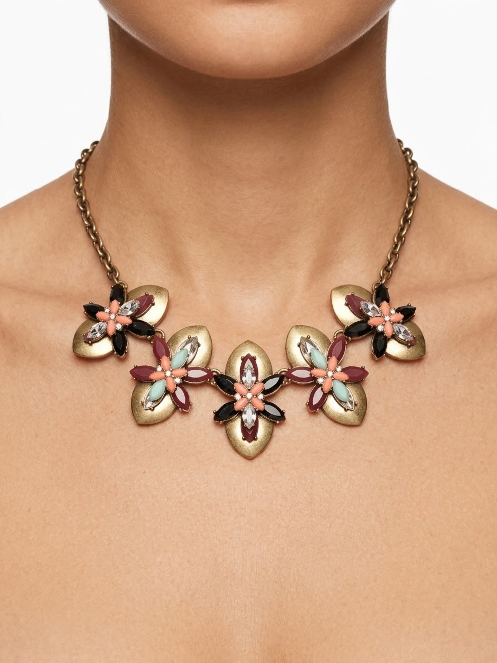 J Crew Floral Statement Necklace in Gold with Multicolor Stones
